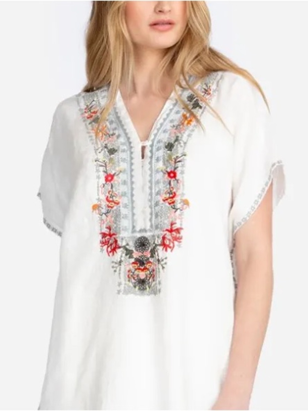 Johnny Was White Embroidered Linen Top Tunic Blouse Boho Chic (T1)
